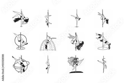 line art of pole girl hanging upside down set bundle  on the white background