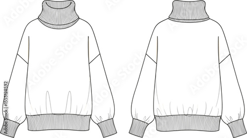 Turtleneck sweater technical flat sketch, fashion design vector, front and back view, winter pullover template, ribbed knit cuffs illustration