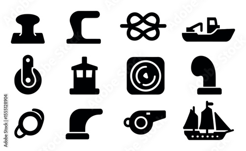 Nautical, marine silhouette icon set. ocean symbols, sea elements collection