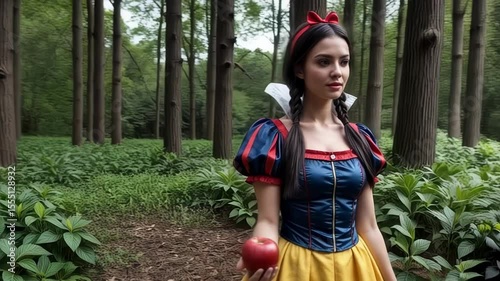 Beautiful Snow White with a poisonous apple in a magical forest