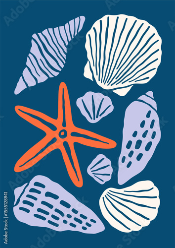 Underwater seashells vector illustration. Minimalist retro sea poster design with ocean shells, starfish