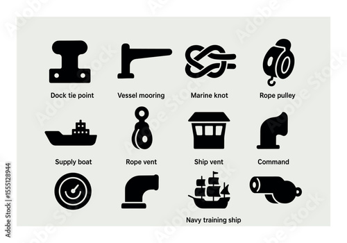 Marine, nautical silhouette icon set. ship, vessel, knot, rope pulley collection