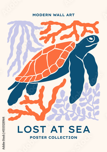 Underwater sea turtle vector illustration. Minimalist retro poster design with ocean creature, seaweeds, corals