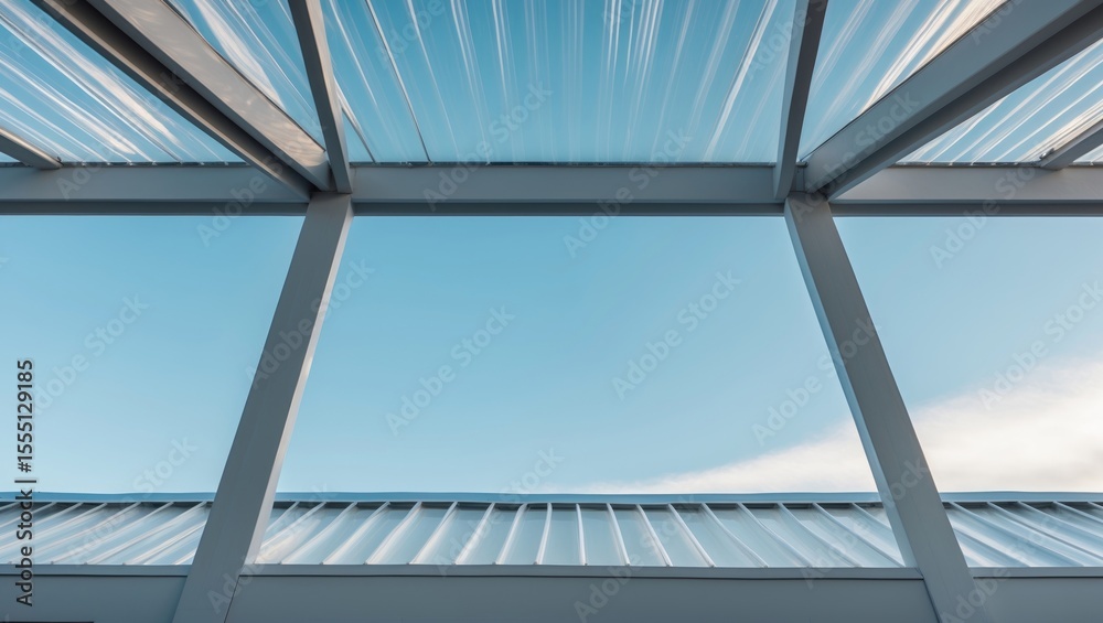 Obraz premium View of a modern architectural structure with glass and metal elements, showcasing the sky through the open spaces, emphasizing contemporary design and construction.