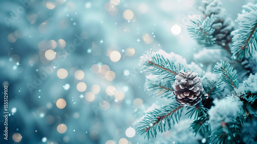 Soft snowy Christmas background with frosty white and light blue tones, gentle bokeh lights, pine branches and pinecones, serene winter holiday atmosphere