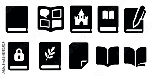 Book, literature silhouette icon set. reading, education symbols collection