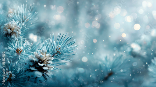 Soft snowy Christmas background with frosty white and light blue tones, gentle bokeh lights, pine branches and pinecones, serene winter holiday atmosphere