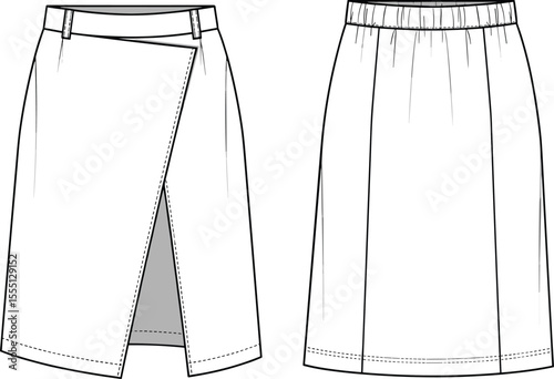 Wrap skirt vector cad drawing, flat technical fashion sketch, front back view, modern design, elastic waistband, apparel illustration