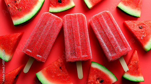 Watermelon popsicles on vibrant red-pink background with green accents, surrounded by fresh watermelon slices, high contrast, juicy and summery atmosphere