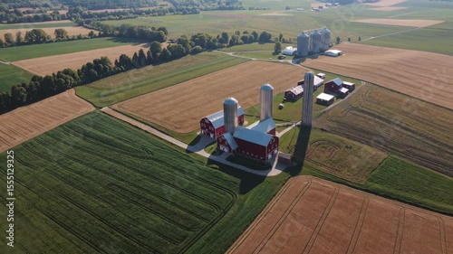 Exploring a beautiful farm landscape with barns and silos in rural America