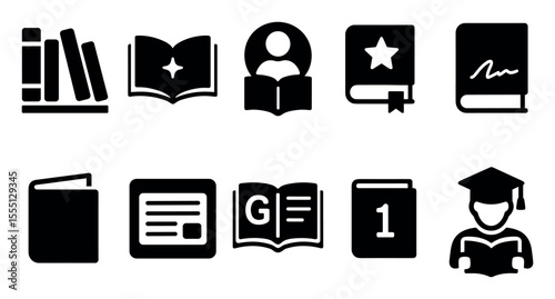 Education solid icon set. school, reading, learning icons for academic use