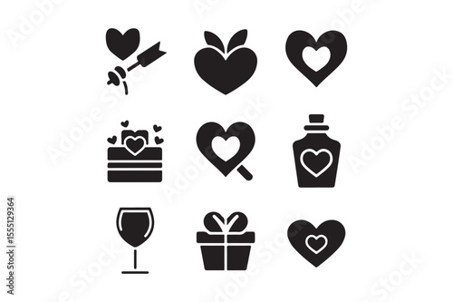 Romantic Love Icons Set Heart, Gift, Wine, Cupid, Valentines Vector Symbols