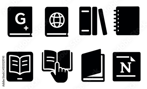 Book and library solid icon set. educational, reading symbols solid collection