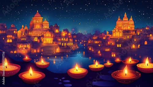Vector illustration of a Happy Diwali background with glowing oil lamps, a temple,