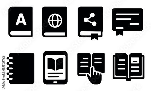 Education solid icon set. books, learning, teaching, digital tools, classroom graphics