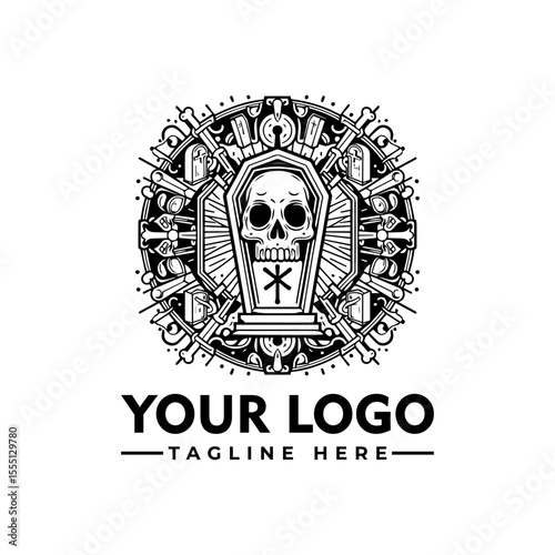 A detailed black and white logo featuring a skull inside a coffin, surrounded by bones and ornate details.