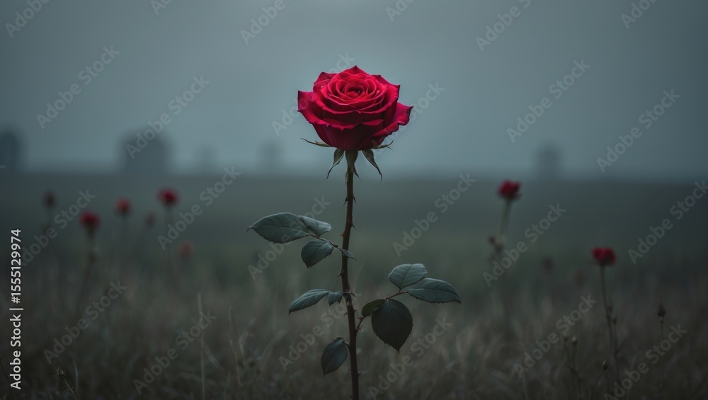 Obraz premium A single red rose in a field with other roses and a foggy background. Nature and floral, concept. Beauty and solitude. The theme of resilience and hope.