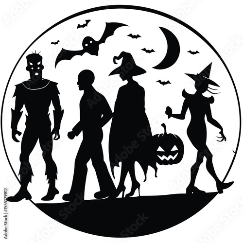 Silhouette Halloween Group Witches, Monster, and Moon