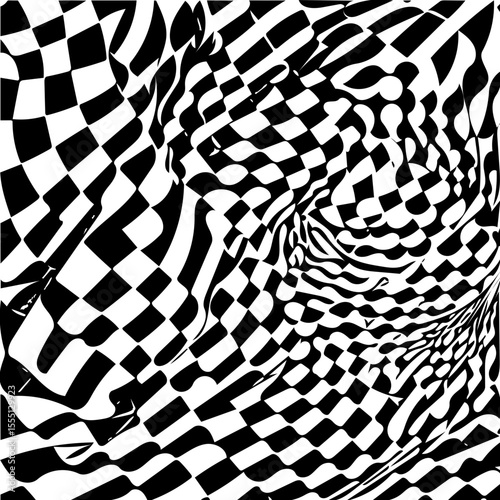 Curved racing flag pattern, black and white vector, motion illusion background