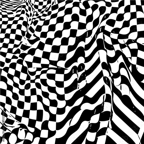 Curved racing flag pattern, black and white vector, motion illusion background