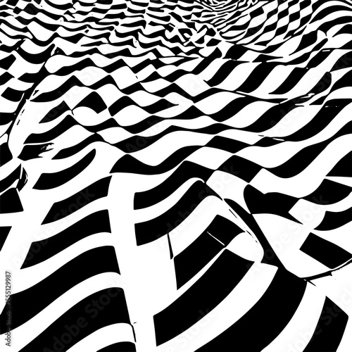 Curved racing flag pattern, black and white vector, motion illusion background
