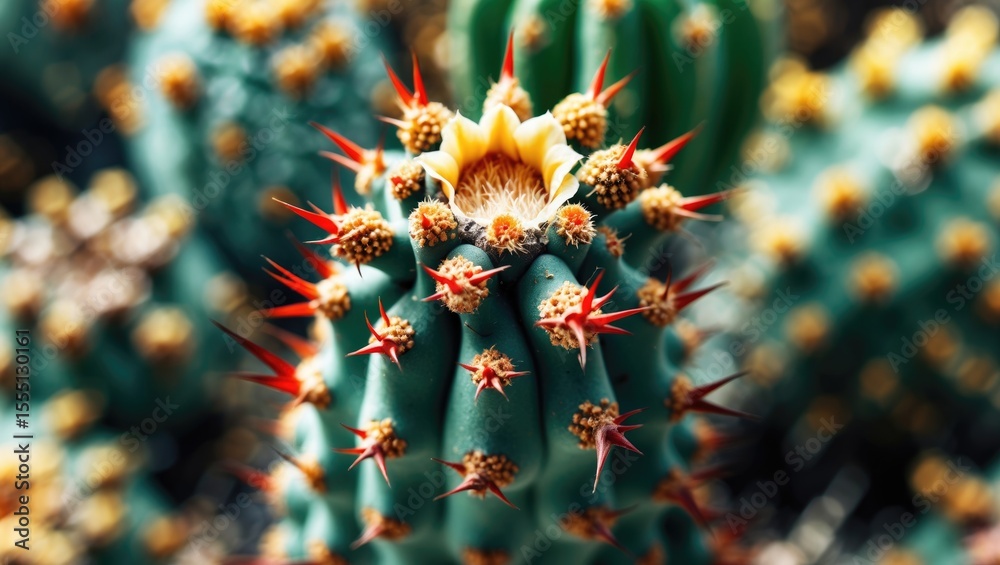 Fototapeta premium Close-up of a cactus with spines and a yellow flower, emphasizing the plant's texture and details.