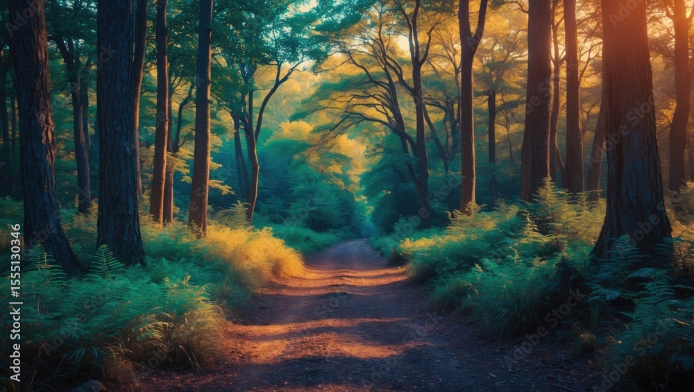 Obraz premium A forest path during sunset with tall trees, lush greenery, and warm sunlight filtering through the leaves. Nature, tranquility, and wilderness scene.
