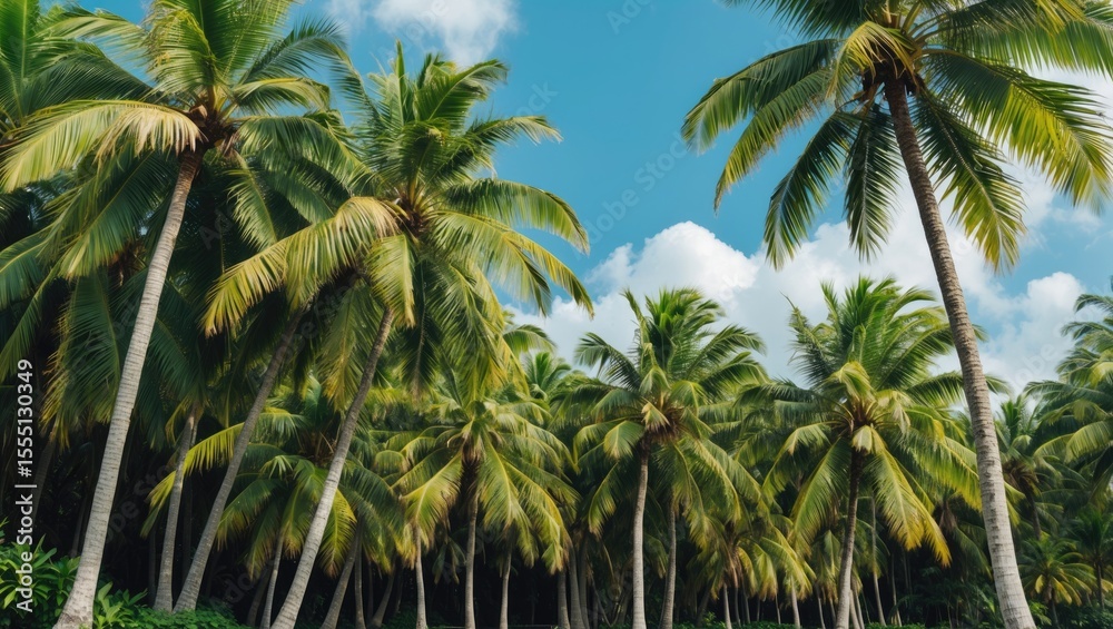 Obraz premium A dense grove of palm trees under a bright blue sky with scattered clouds.