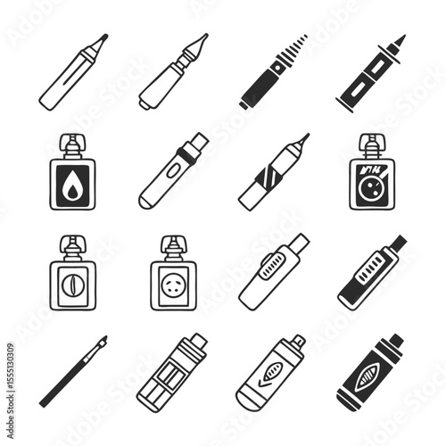 Electronic Cigarette and Vape Vector Icon Set | Black Silhouette Line Icons | Editable Stroke | Vape Pen, E-Cigarette, Liquid Refill, Vaporizer, Smoke, Battery, Atomizer, and Pod System Icons