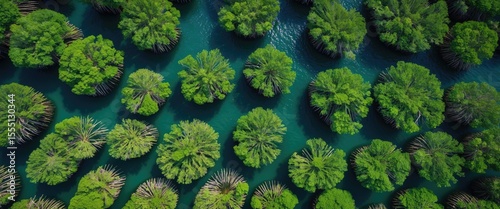 Lush green trees in a riverine landscape from an aerial perspective