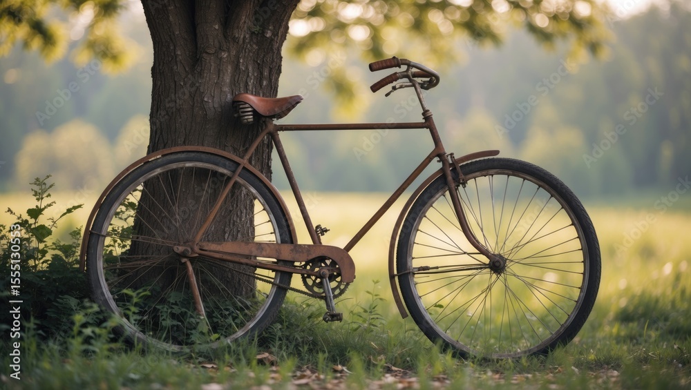 Old bicycle resting among trees in a natural setting with a blurred green background. Old bicycle resting among trees in a natural setting with a blurred green background.
