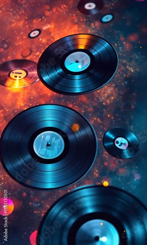 Vinyl records float in a vibrant, colorful galaxy, symbolizing the timeless appeal of music and the nostalgic charm of analog sound
