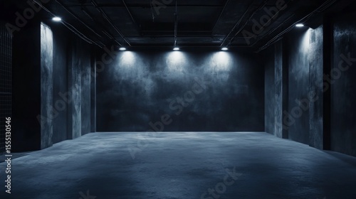 Dark industrial interior, spacious concrete space