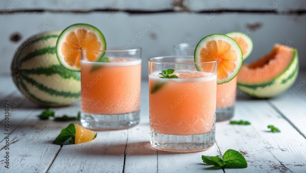 Fototapeta premium Refreshing watermelon and citrus juice served in glasses with slices of lemon and watermelon, garnished with mint leaves.