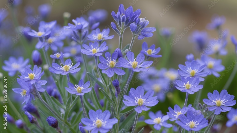 Fototapeta premium Cluster of purple flowers with yellow centers in a garden. Beautiful blooming flowers, vibrant colors, and natural setting.