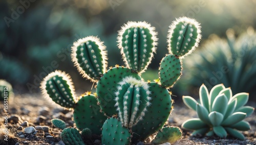 Succulent and cactus plants in desert with sunlight, nature, drought-tolerant flora, and arid landscape.