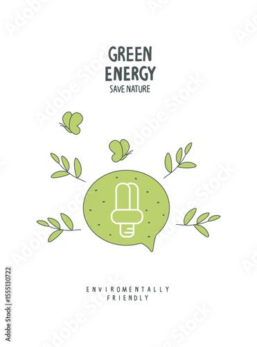 Vector hand drawn cartoon sketch of energy saving in the speach bubble. LED lamp with green leaf. Alternative green energy concept. Sustainable lifestyle.