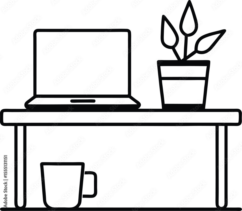 Fototapeta premium laptop with a cup of coffee line art