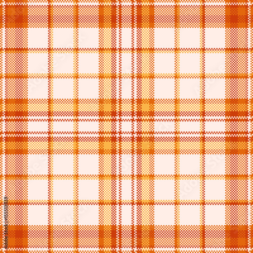 Pixelated plaid pattern in warm autumn colors. Ideal for backgrounds, textures, or designs needing a retro, cozy feel. Evokes tradition, nostalgia, and rustic charm.