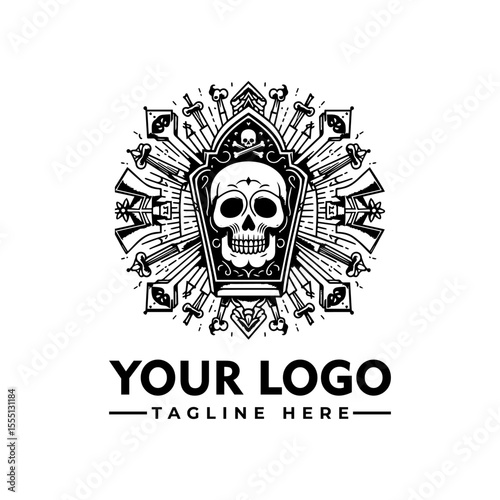 Ornate skull logo design, encased in a coffin, surrounded by swords and symbolic elements.