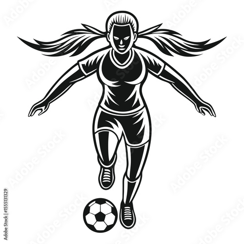 Dynamic Vector Illustration of a Female Soccer Player Kicking a Ball with Ponytails in Black and White for Sport Related Designs