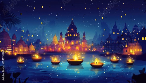 Vector illustration of a Happy Diwali background with glowing oil lamps, a temple,