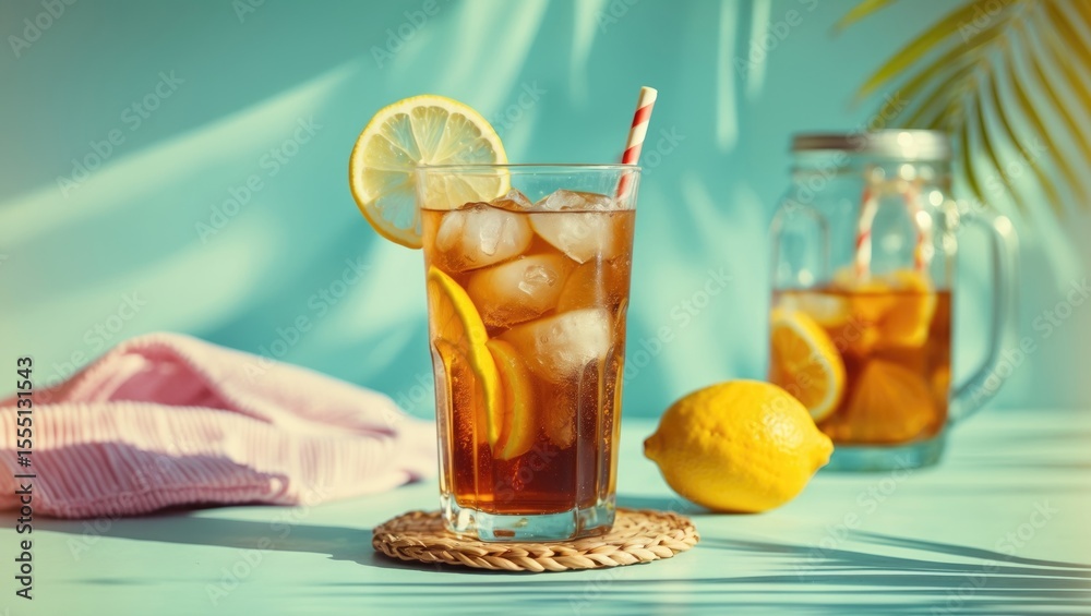 Fototapeta premium A cold lemonade drink with ice, lemon slices, and a straw, placed on a woven coaster beside a whole lemon and a jar of infused lemon water, with a vibrant background.