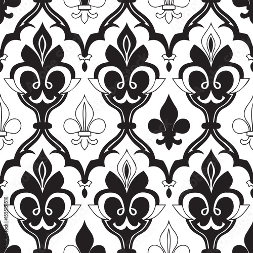 Abstract pattern seamless fleur de lis ornament spade geometric wallpaper Silhouette white Background. 