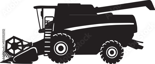 Black and White Agricultural Machinery – Combine Harvester Illustration, Modern Combine Harvester Silhouette – Detailed Side Profile Vector