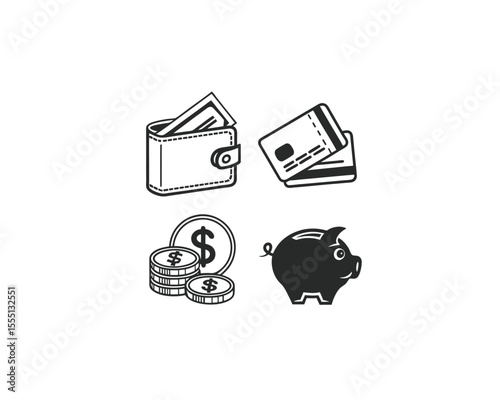 This black and white vector graphic set displays various financial instruments: a wallet with money, credit cards, coins, and a piggy bank