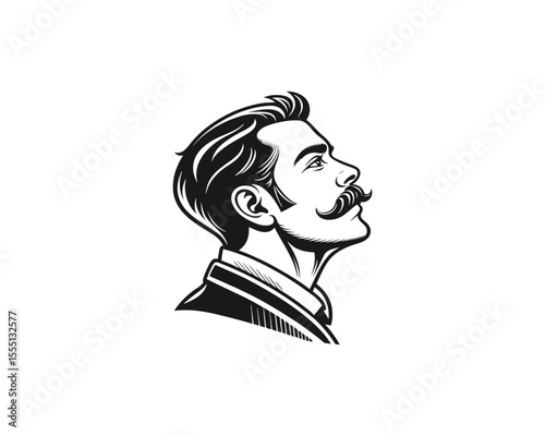 A striking black and white profile portrait of a man with a classic, vintage hairstyle, and a meticulously detailed mustache