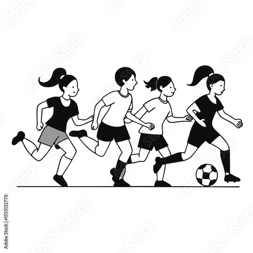 Line Art Illustration of Four Young Soccer Players Running with a Soccer Ball Showing Teamwork Sportsmanship and Healthy Activity in a Minimalist Style