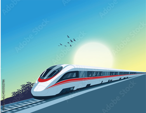 Bullet tarin or Metro train vector illustration. High speed train at railway station.