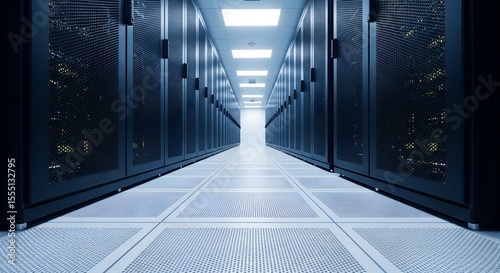 Long dark server room corridor with rows of computer racks data center